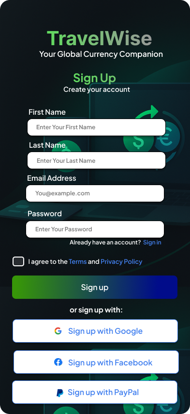 TravelWise Sign Up screen