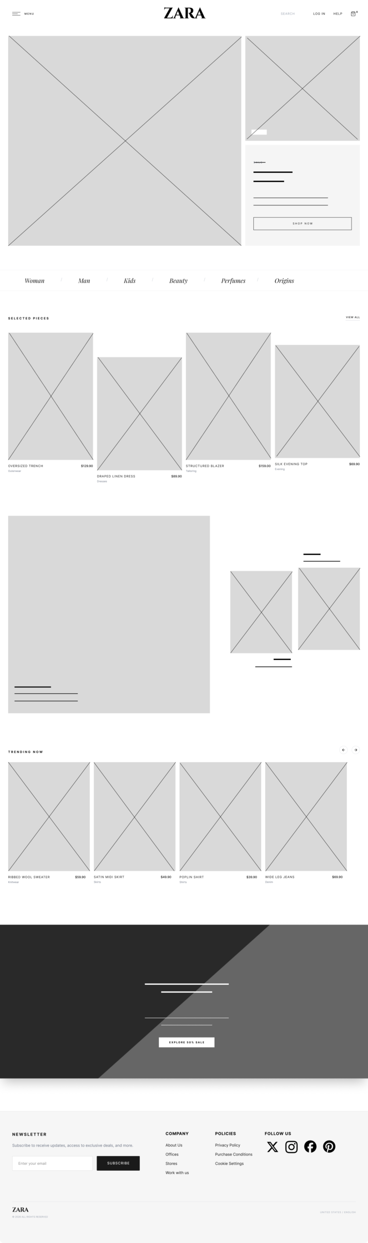 Low-fidelity wireframe of the redesigned Home Page   editorial hero section and 4-column product grid
