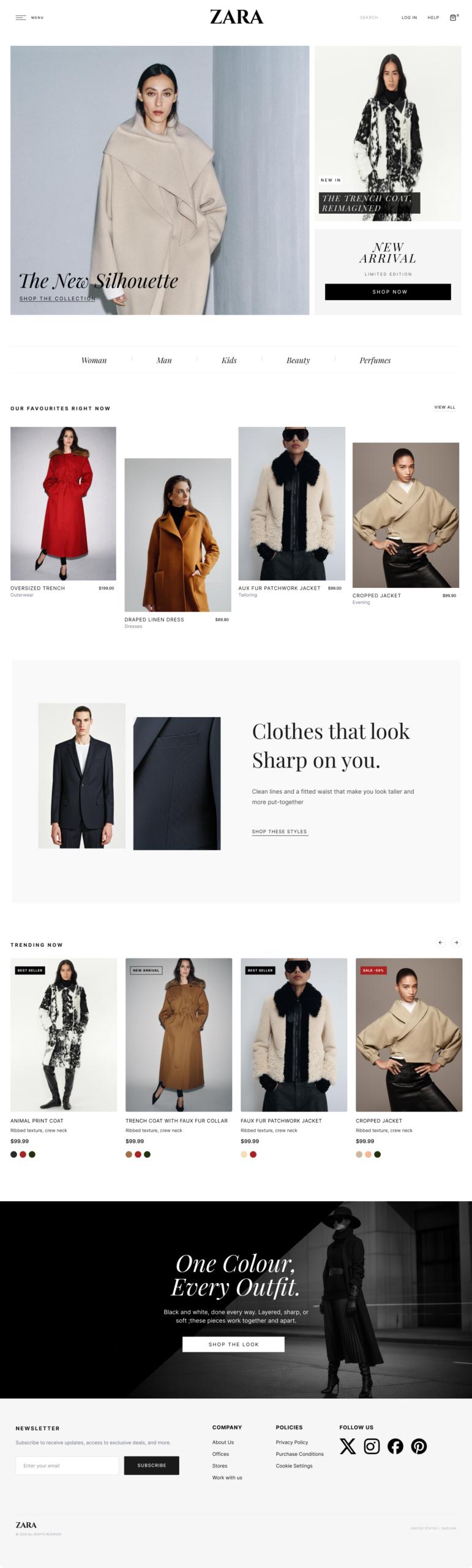 Redesigned home page   editorial hero plus 4-column product grid below the fold