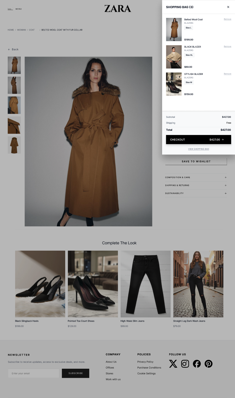 Redesigned mini cart overlay   thumbnail, item name, selected size, price, and Proceed to Checkout CTA