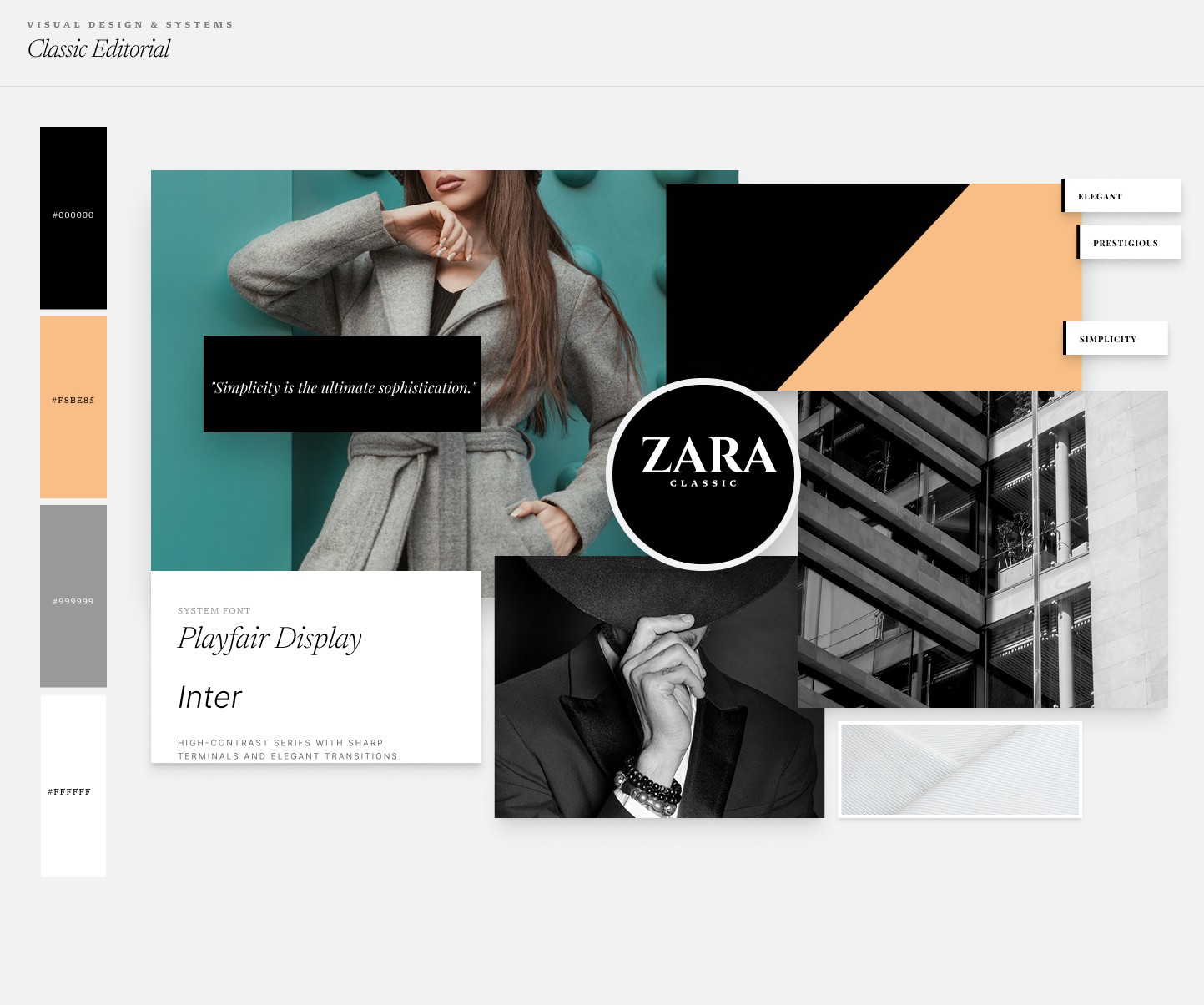 Classic Editorial moodboard   teal hero image, ZARA circle logo, typography card, colour swatches, and keywords: Elegant, Prestigious, Simplicity