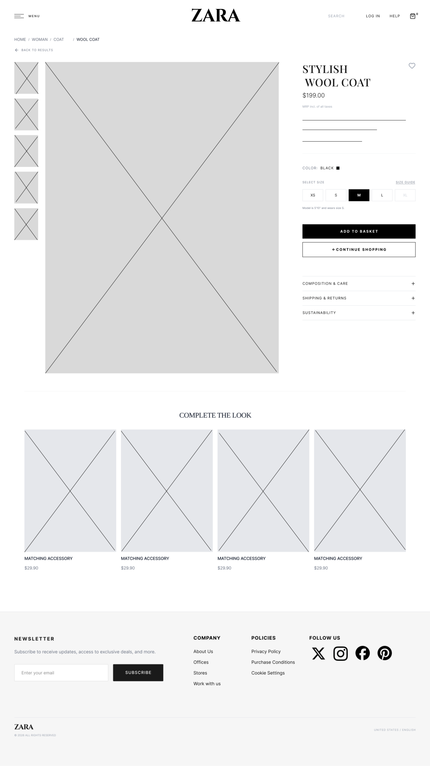 Low-fidelity wireframe of the Product Page   mandatory size selector, Add to Cart button, image gallery, breadcrumb navigation
