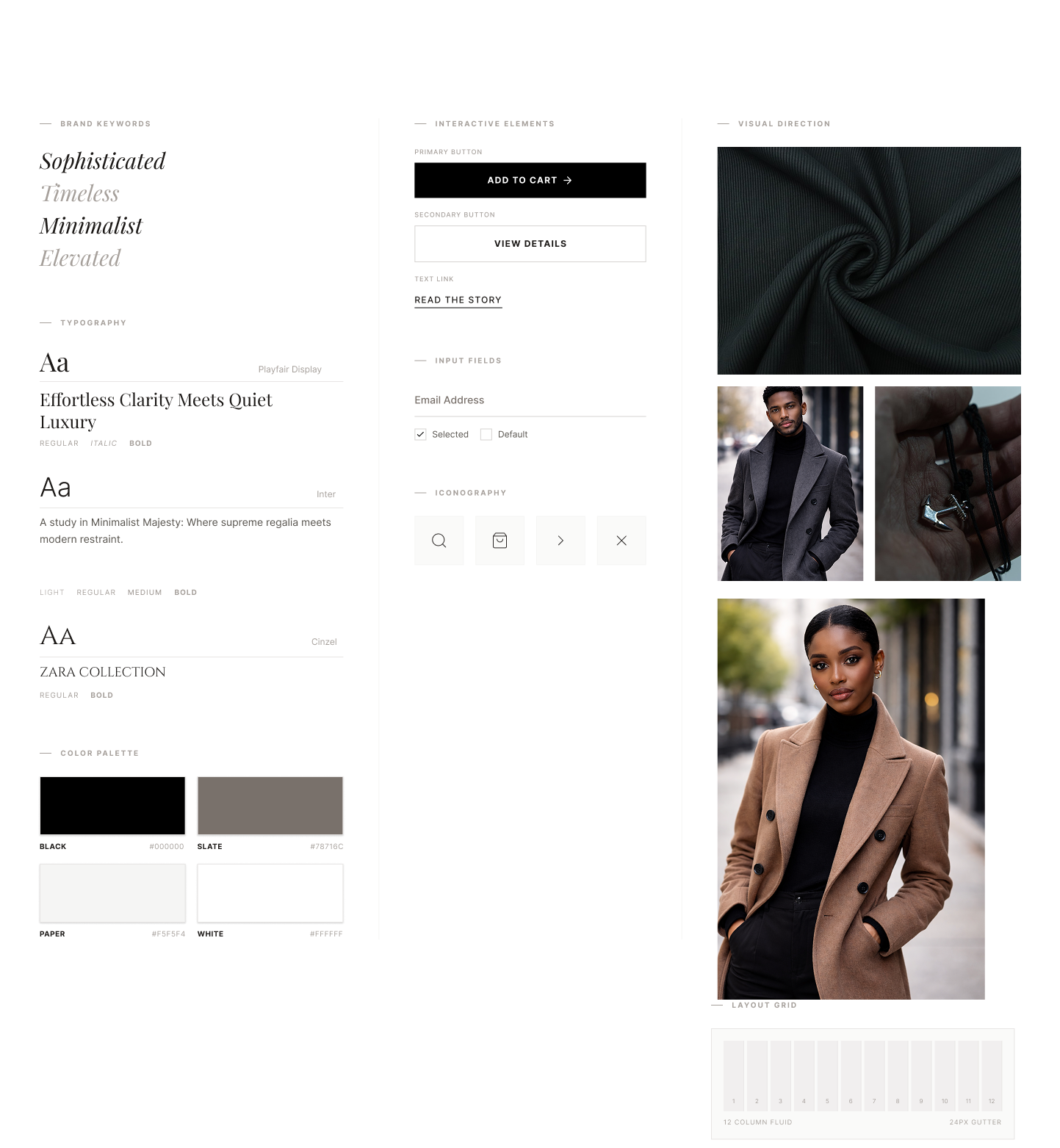 Style Tile   Classic Editorial direction showing typography, colour palette, UI components, and visual language