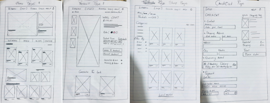 Hand-drawn wireframe sketches showing early ideation and structure exploration